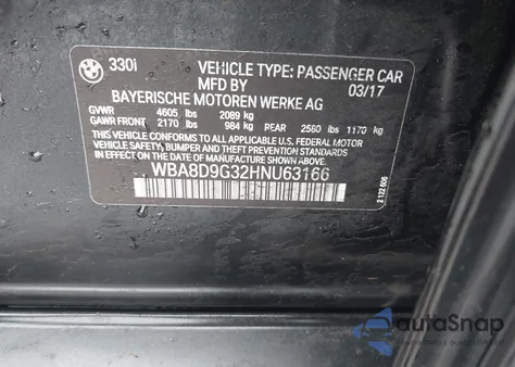 2017 BMW 330I xDrive из США, поврежденный, VIN WBA8D9G32HNU63166